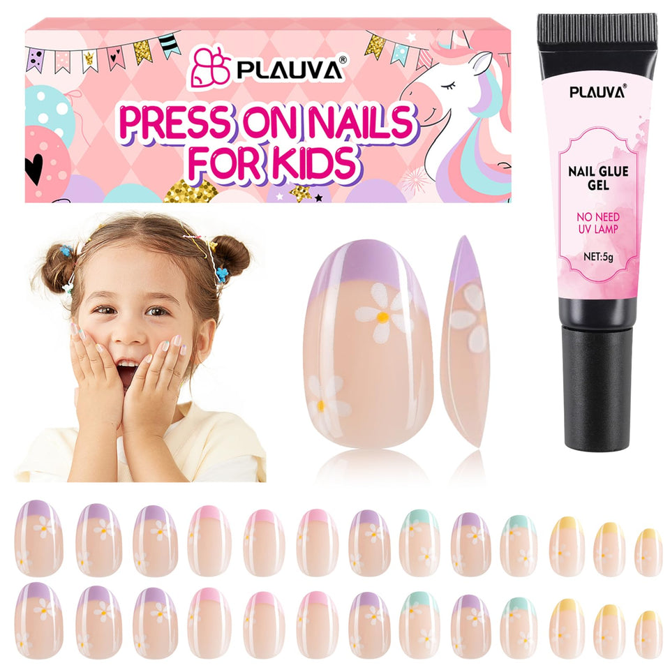 Plauva front packaging showing floral press-on nails and included glue for easy gifting