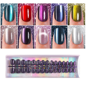 Plauva front packaging showing 300-piece short square cat eye nails with glossy finish