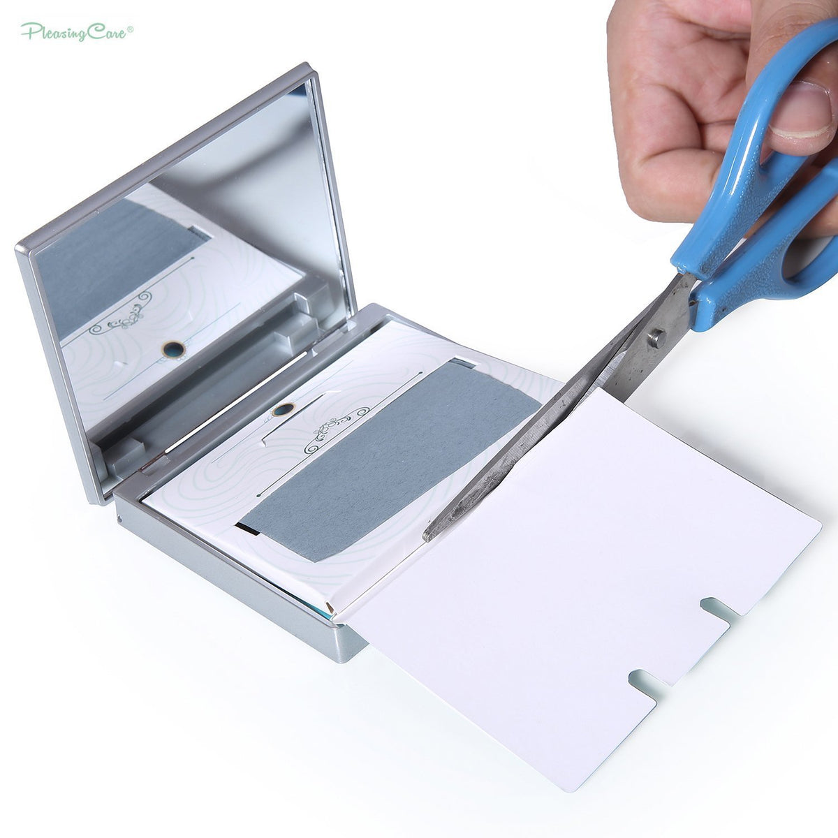 PleasingCare blotting paper pack front view highlighting dispenser and sanitary benefit