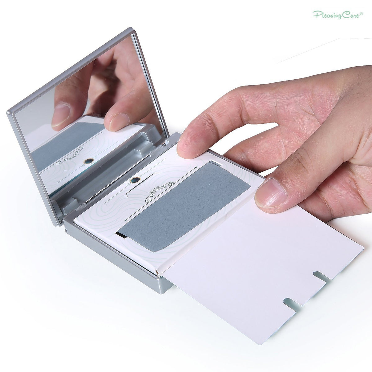 PleasingCare mirror folded side profile displaying slim design and pocket-ready benefit