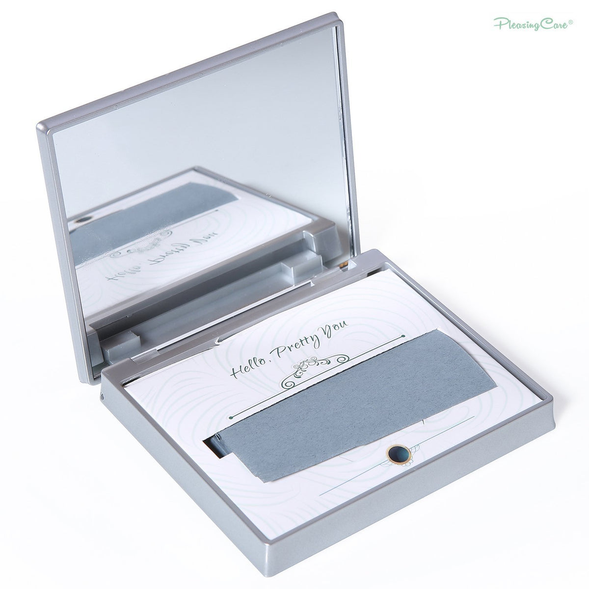 PleasingCare open mirror with blotting pack inside showing organized storage and quick access benefit