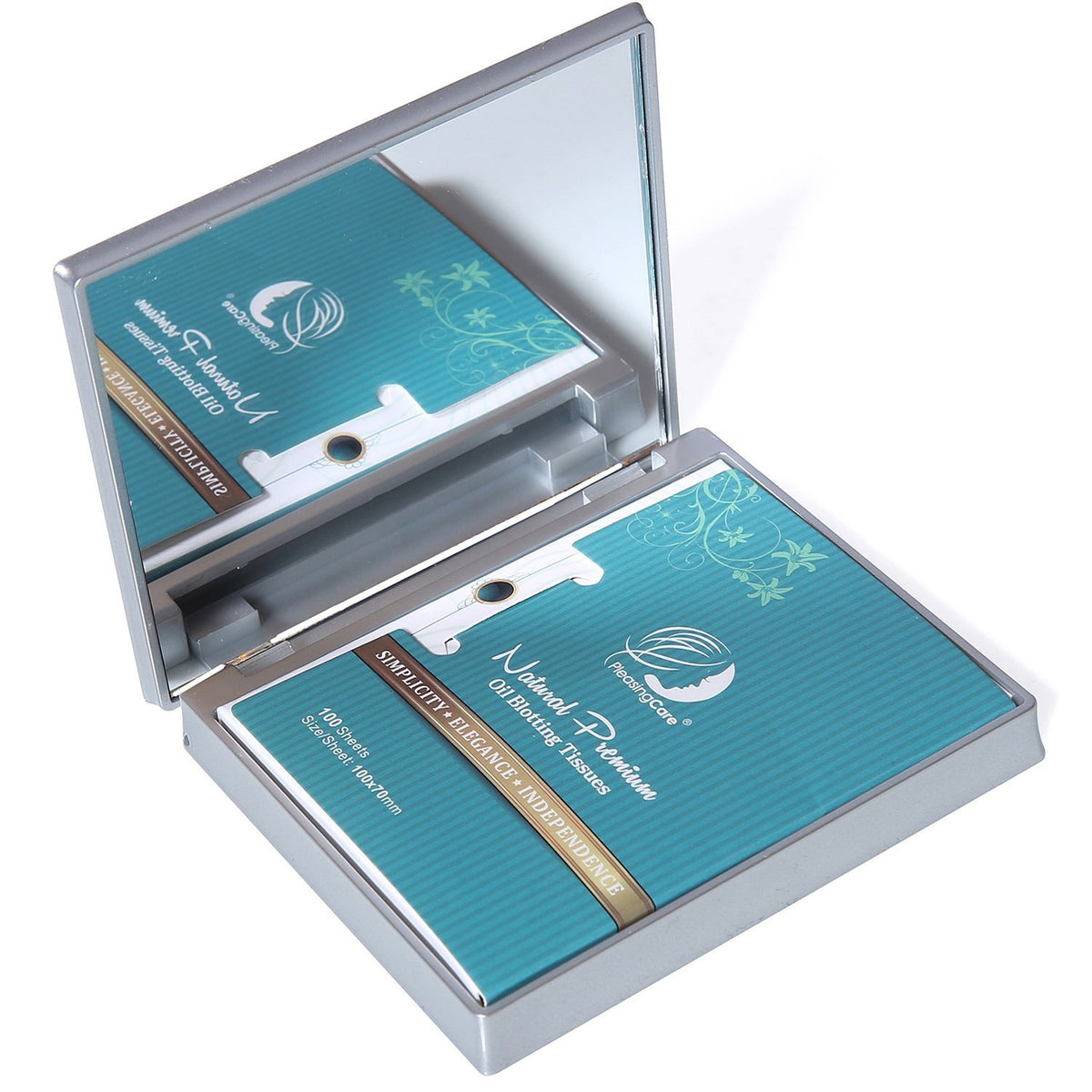 PleasingCare silver compact mirror front view showing sleek finish and portability benefit