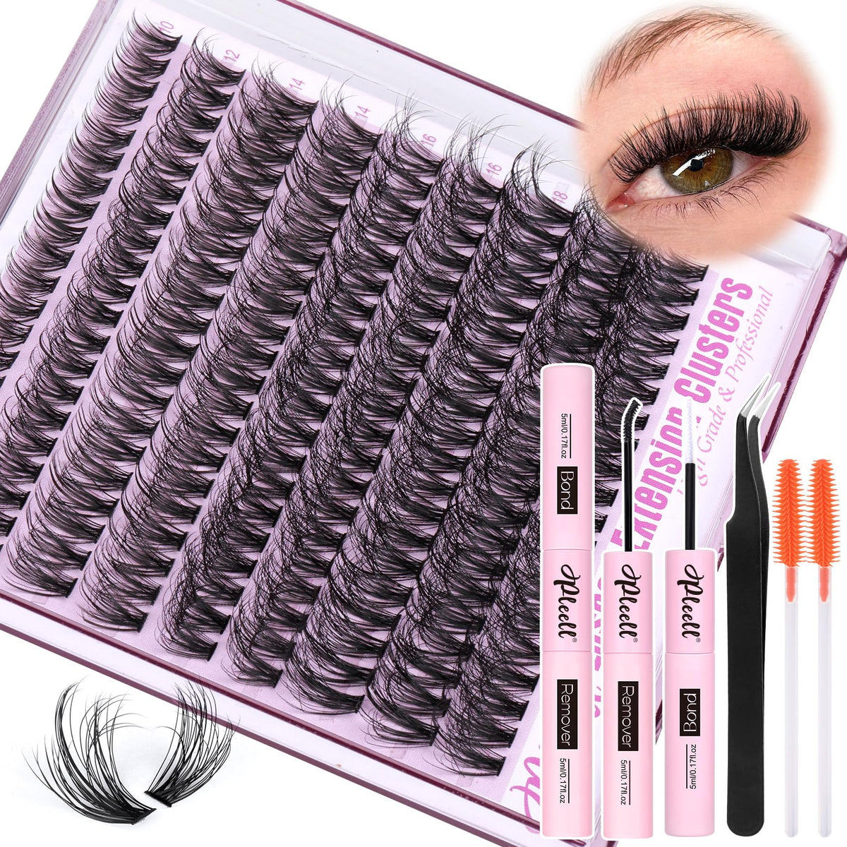 Pleell front packaging showing complete fluffy lash extension kit and contents benefit easy at-home use