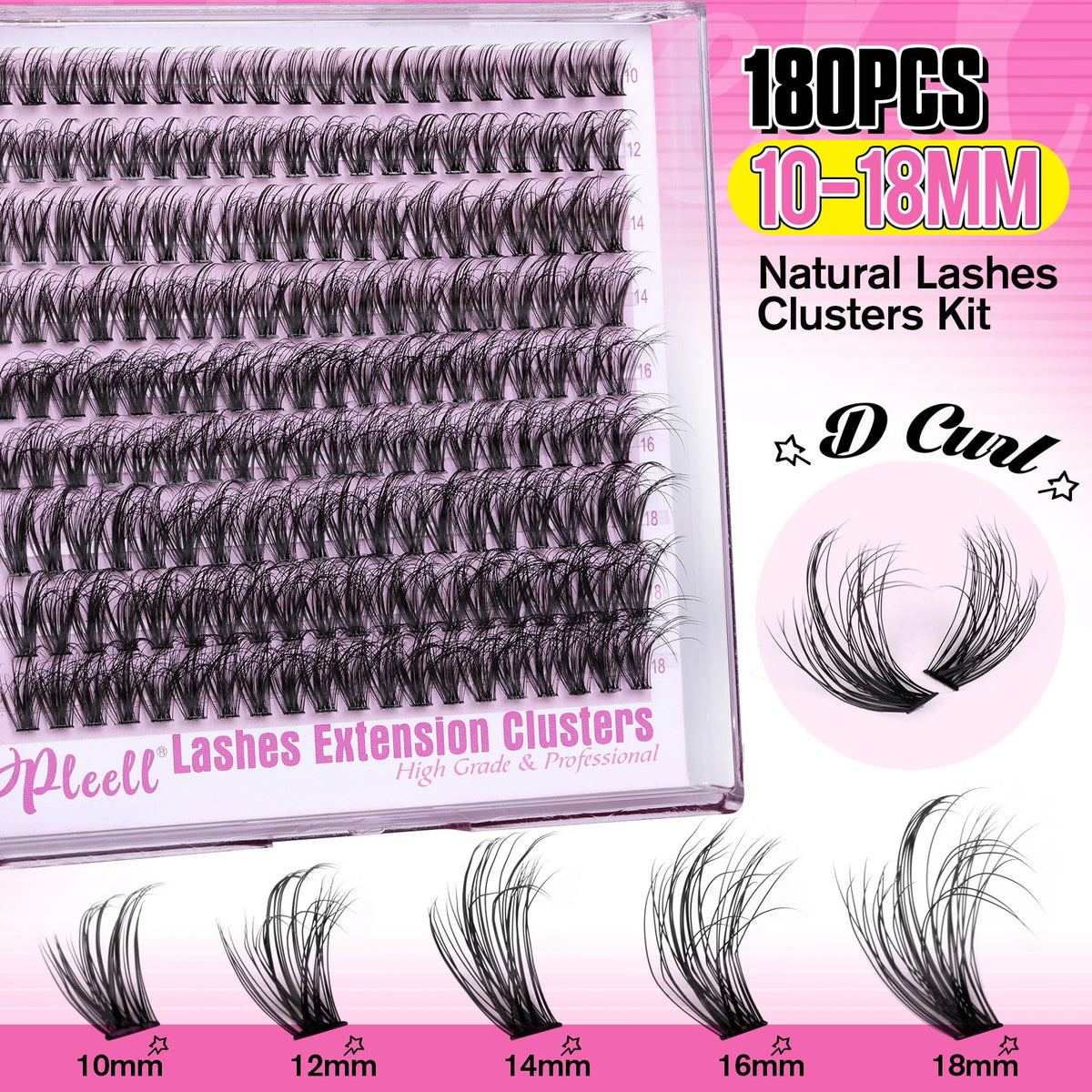 Pleell display of 10–18mm cluster lashes arranged by length for customizable layering and styling benefit