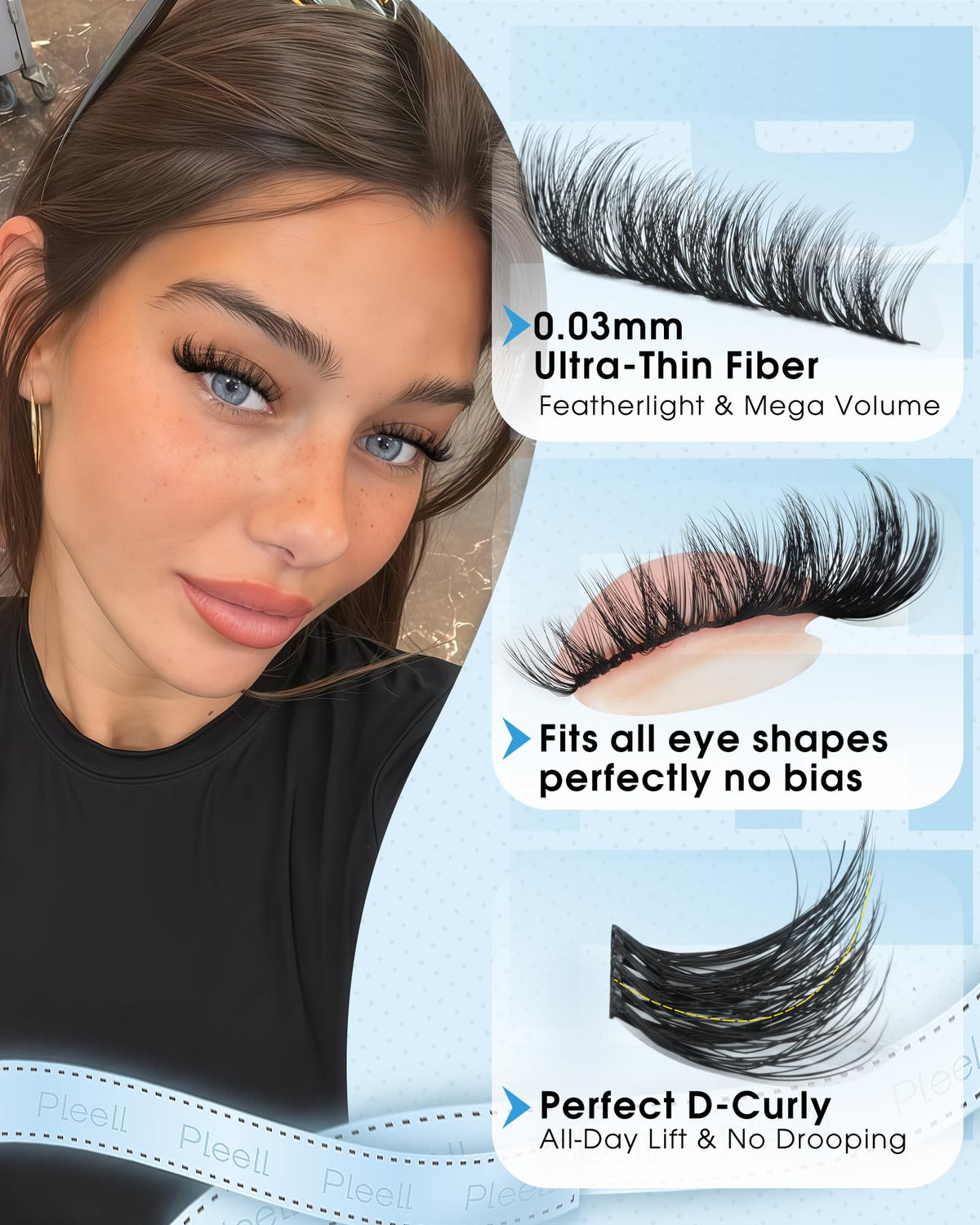Pleell lash clusters next to ruler showing 12–18mm length options