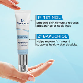 Plexaderm illustrative before and after skin texture example showing reduced crepey appearance