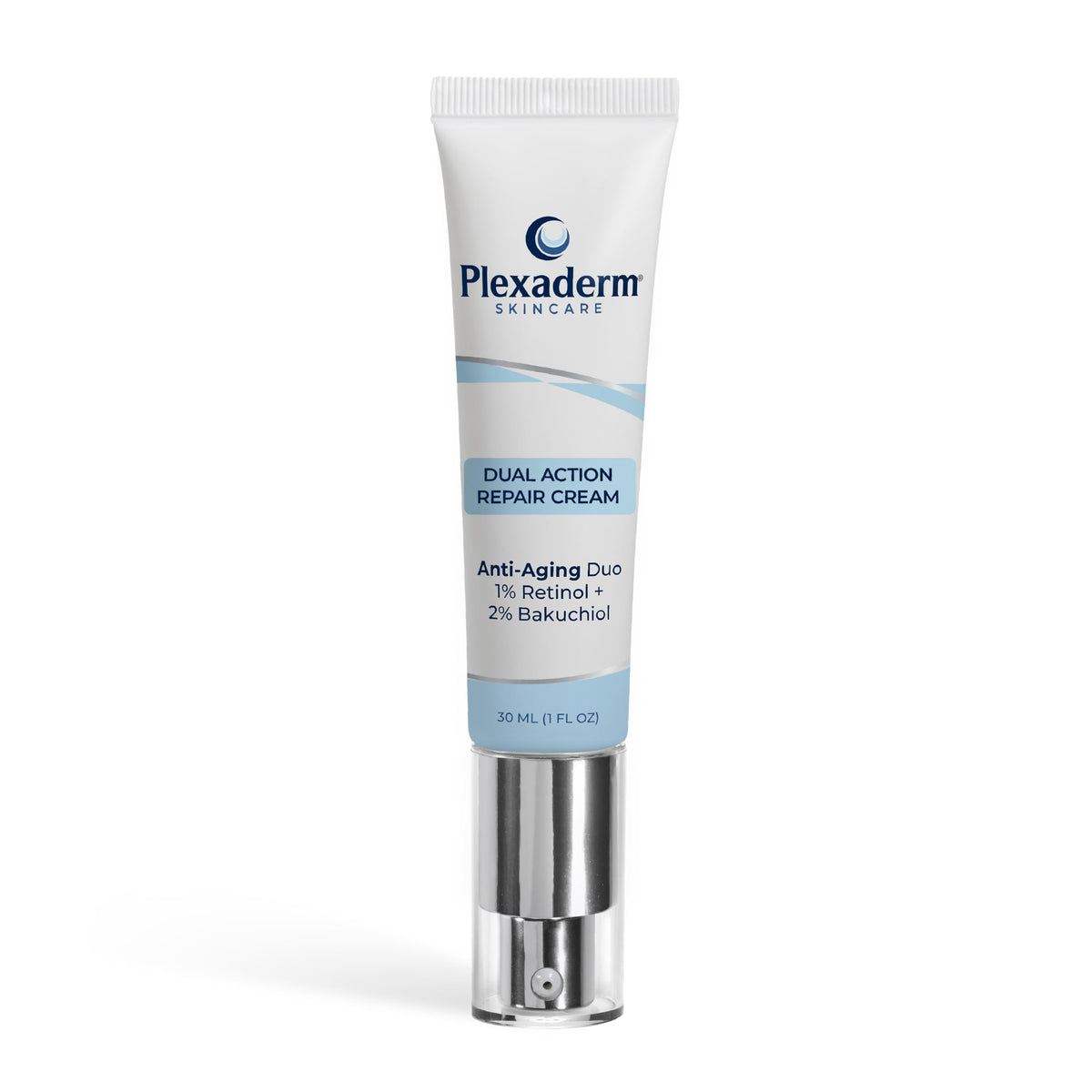 Plexaderm front packaging showing bottle and label, highlights targeted neck care benefit