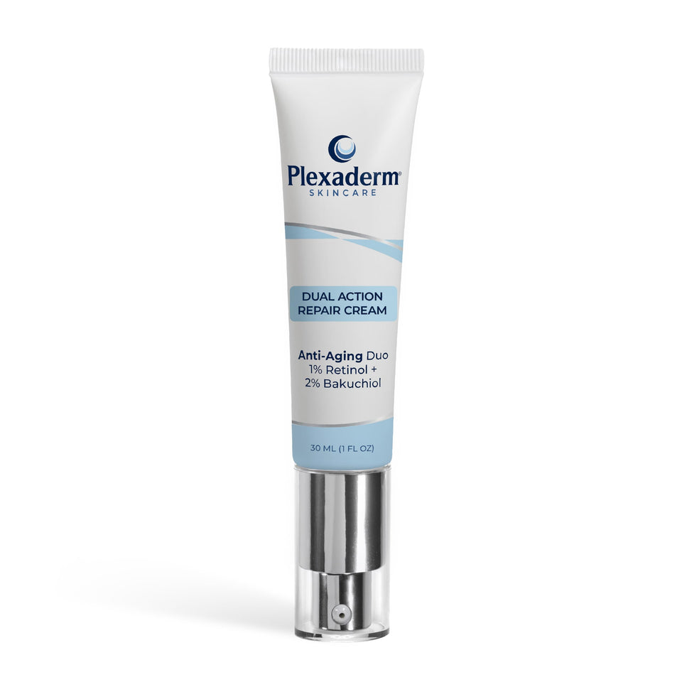 Plexaderm front packaging showing bottle and label, highlights targeted neck care benefit