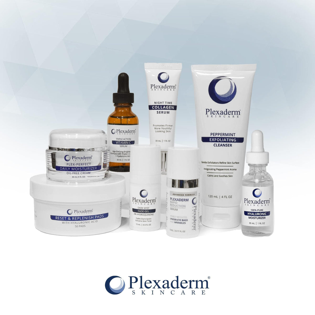 Plexaderm bottle on bathroom shelf suggesting nightly skincare ritual
