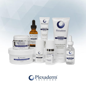 Plexaderm bottle on bathroom shelf suggesting nightly skincare ritual