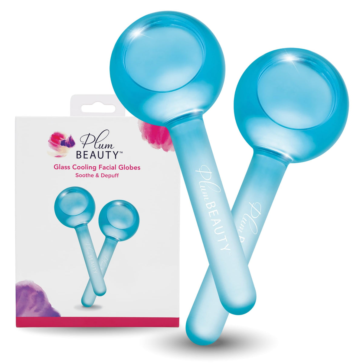 Plum Beauty front view of glass cooling globes highlighting sleek packaging and spa-ready benefit