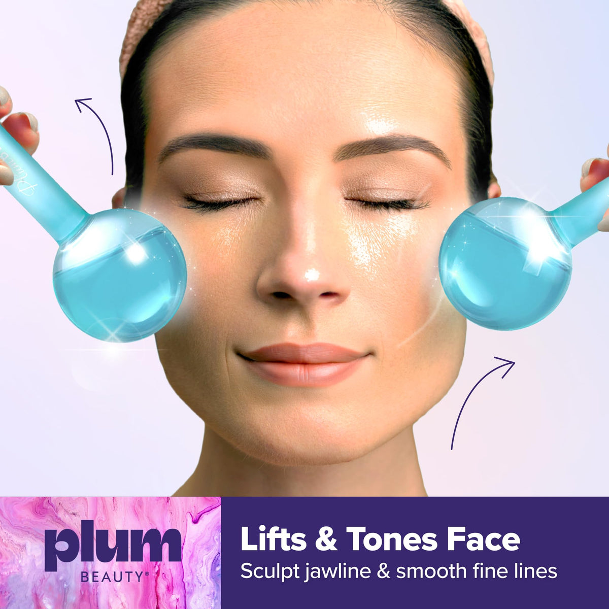 Plum Beauty cooling globes staged on a vanity conveying refreshed morning routine benefit