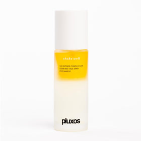 PLUXOS clear bottle front packaging showing SPF 47 protection and benefits
