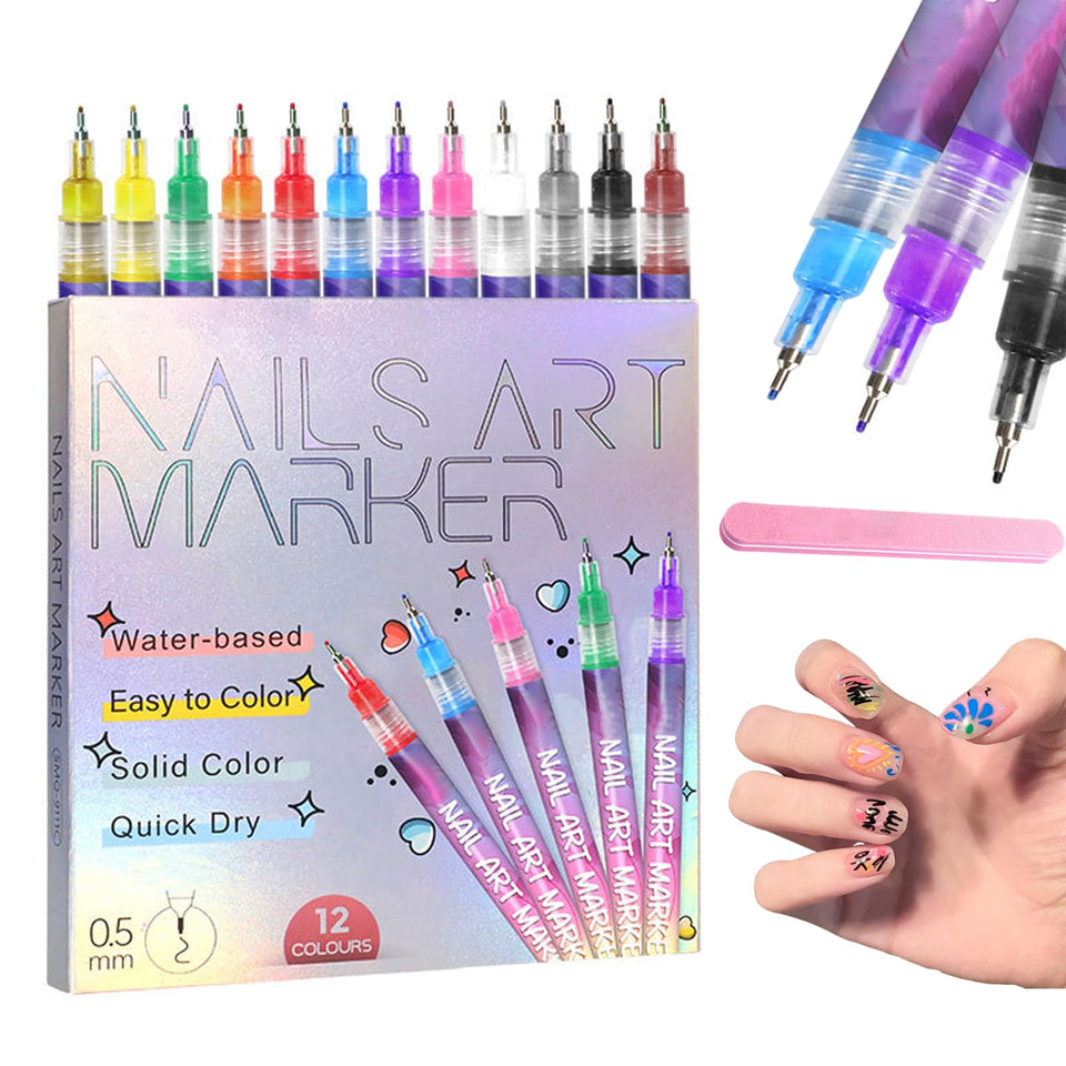 PNNDSST front packaging showing all 12 colorful nail art pens for versatile designs