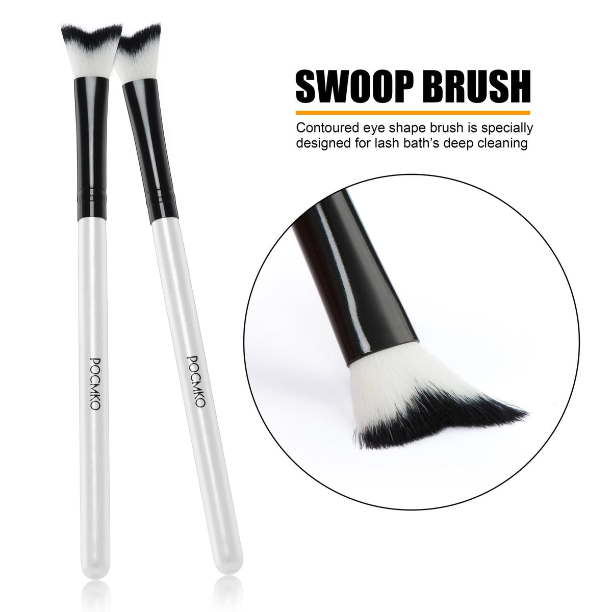 POCMKO curved handle detail demonstrating ergonomic shape for precise lash reach