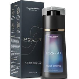 POLAR HAIR CARE front bottle showing jet black shampoo and quick coverage benefits