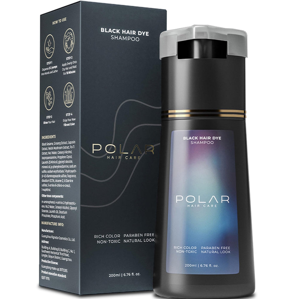 POLAR HAIR CARE front bottle showing jet black shampoo and quick coverage benefits