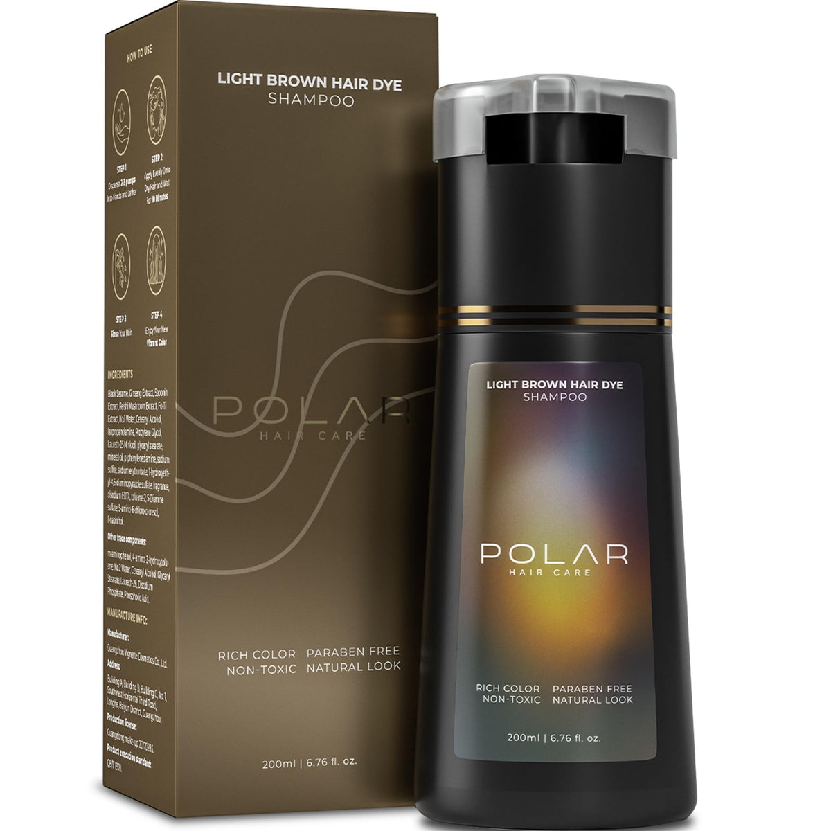 Polar Hair front packaging shot showing light brown dye shampoo for quick coverage