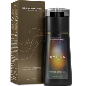 Polar Hair front packaging shot showing light brown dye shampoo for quick coverage
