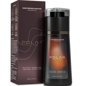 POLAR HAIR CARE front bottle showing dark brown shampoo and clear label benefits