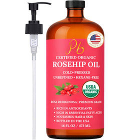 Pomberries rosehip oil glass bottle front view showing organic purity and shelf appeal