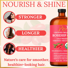 Pomberries rosehip oil on hair ends showing shine and reduced dryness benefits