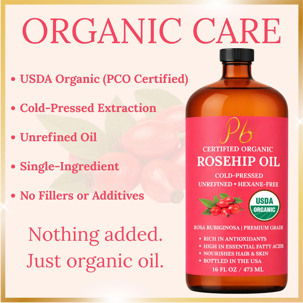 Pomberries rosehip oil label with USDA organic seal showing certification trust