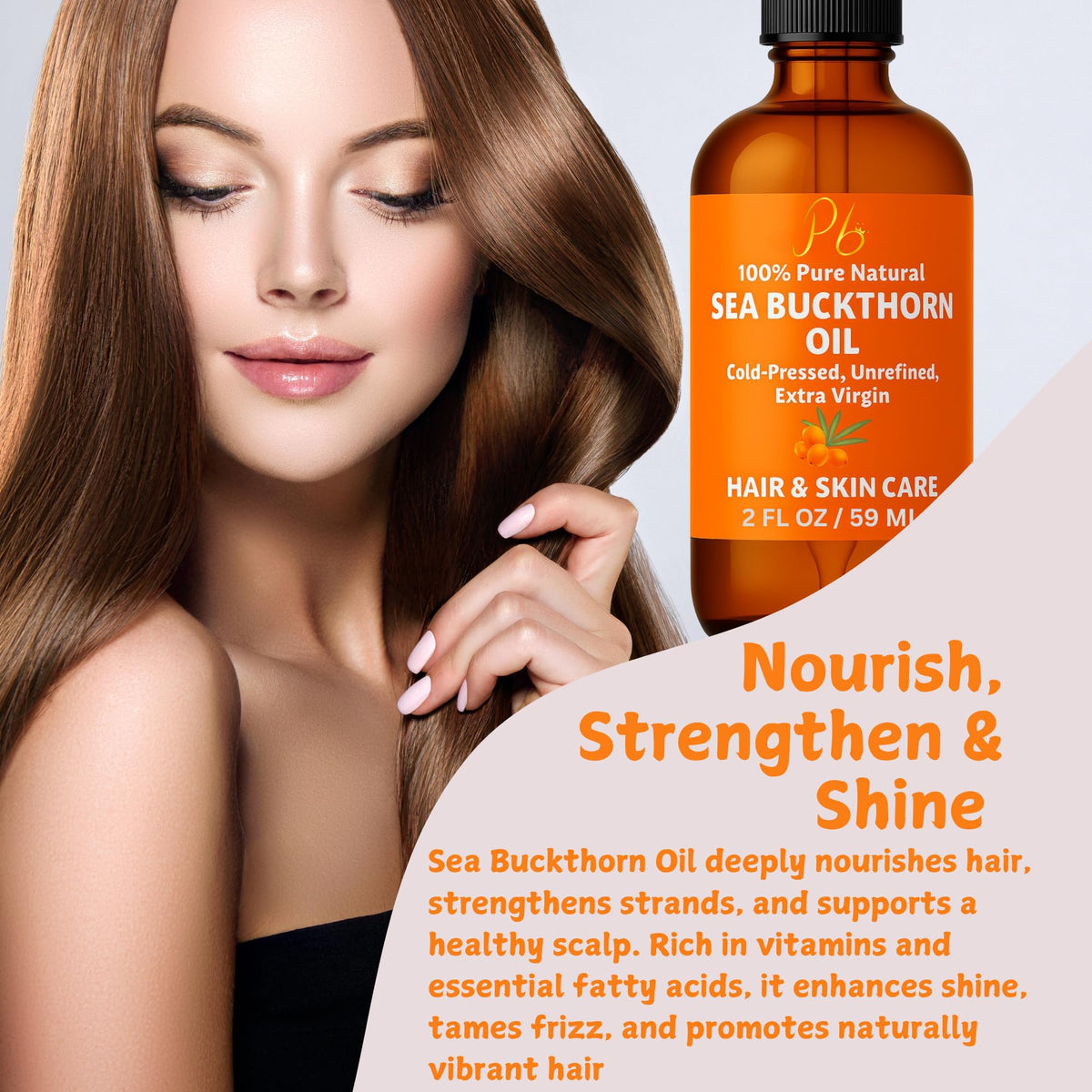 Pomberries bottle beside sea buckthorn berries illustrating natural ingredients
