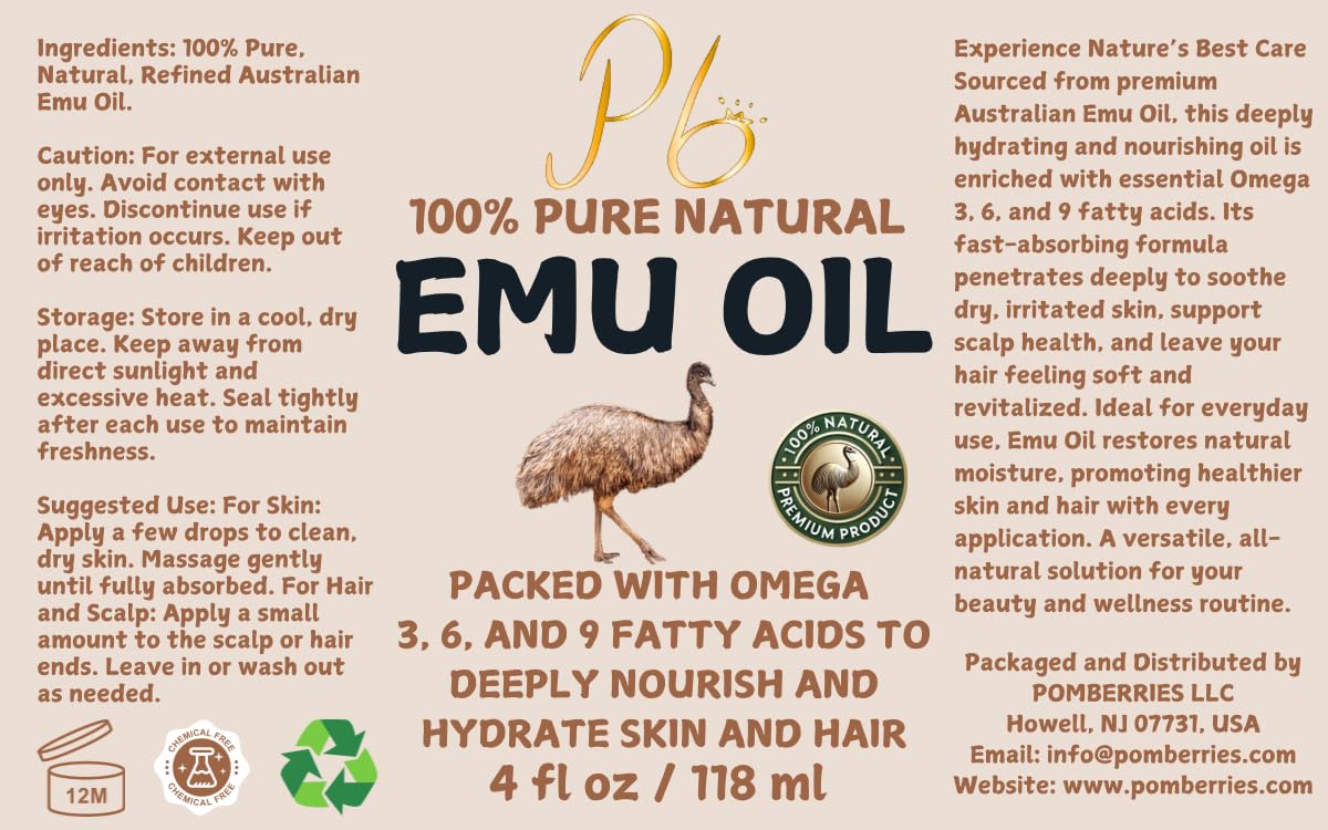 Pomberries label detail emphasizing 100% pure Australian emu oil ingredient benefit
