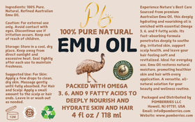 Pomberries label detail emphasizing 100% pure Australian emu oil ingredient benefit