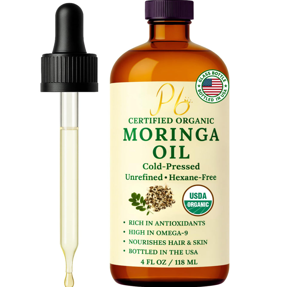 Pomberries bottle front view showing organic moringa oil and clean labeling for hydration
