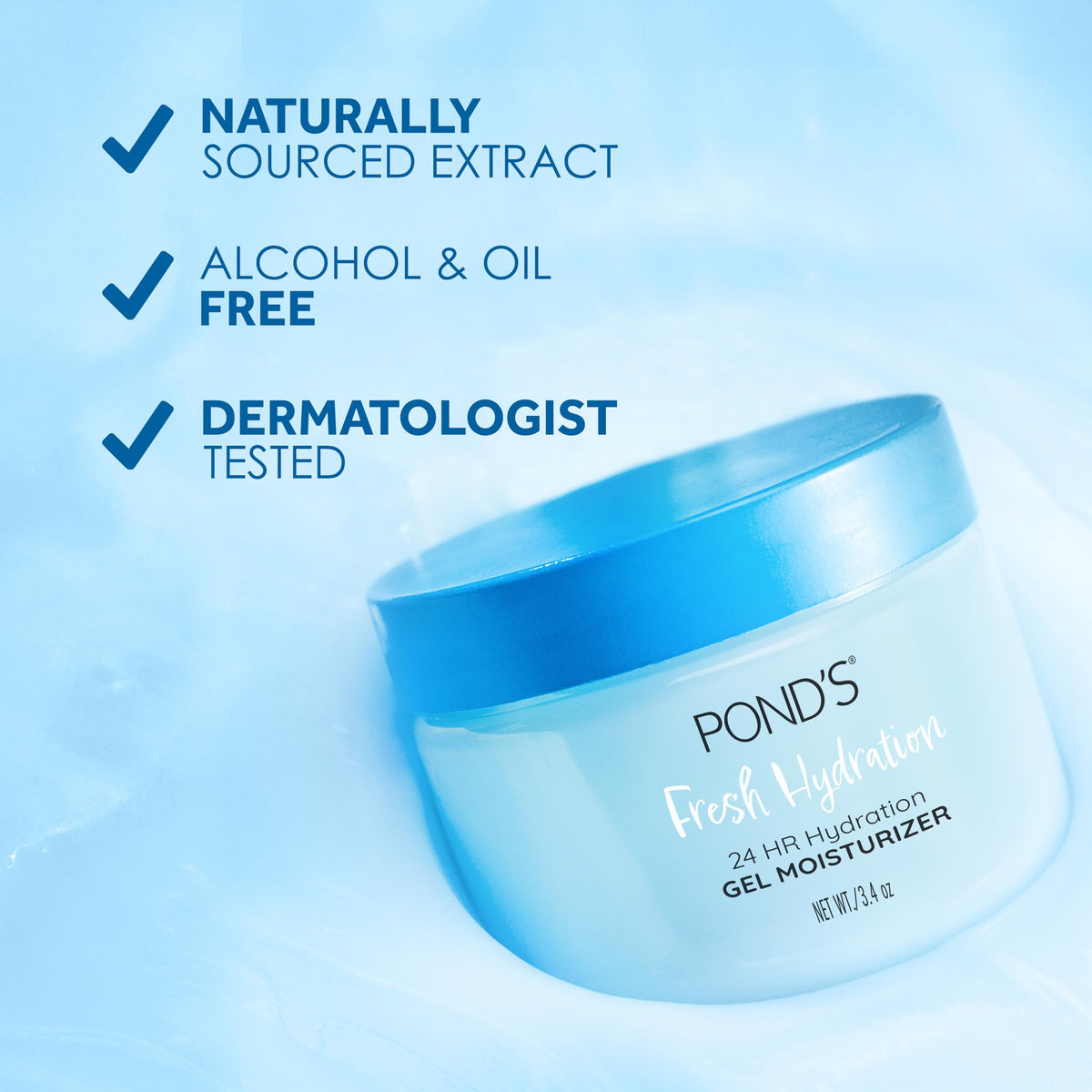 POND’S 3.4 oz jar next to hand for size and travel-friendly benefit
