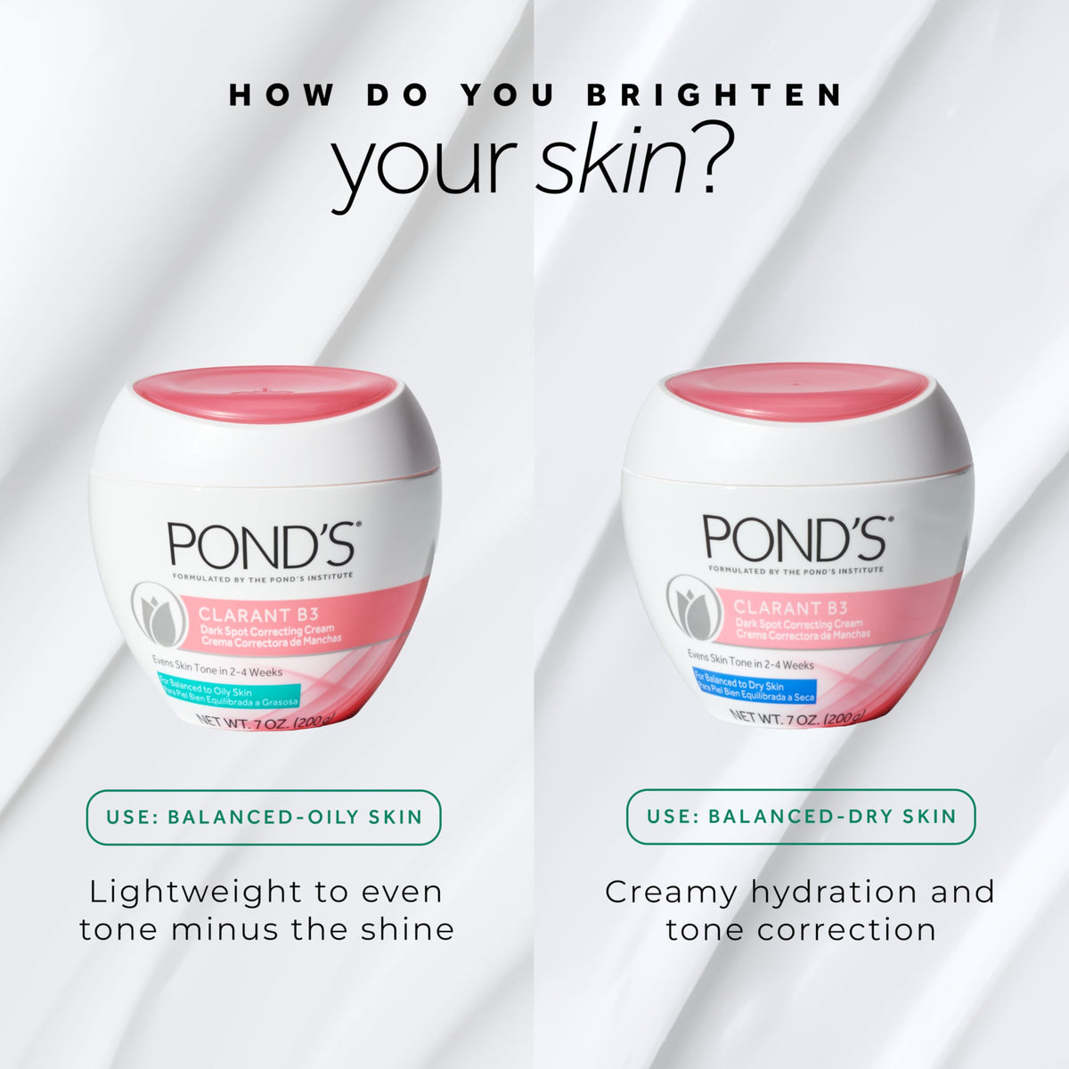 POND'S Clarant B3 next to ruler showing 7 oz scale and generous supply benefit