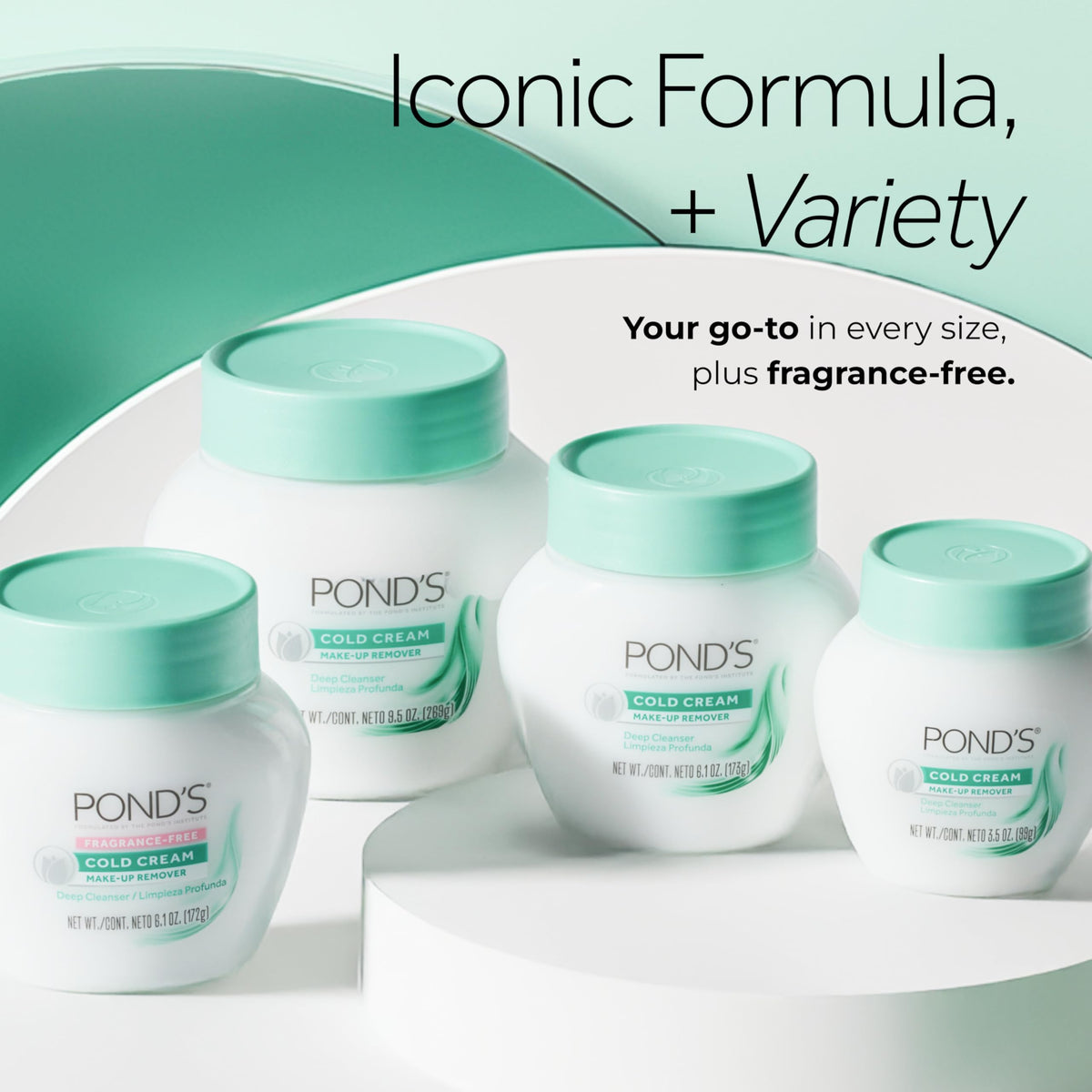 POND'S cold cream beside hand showing 9.5 oz scale and travel ease
