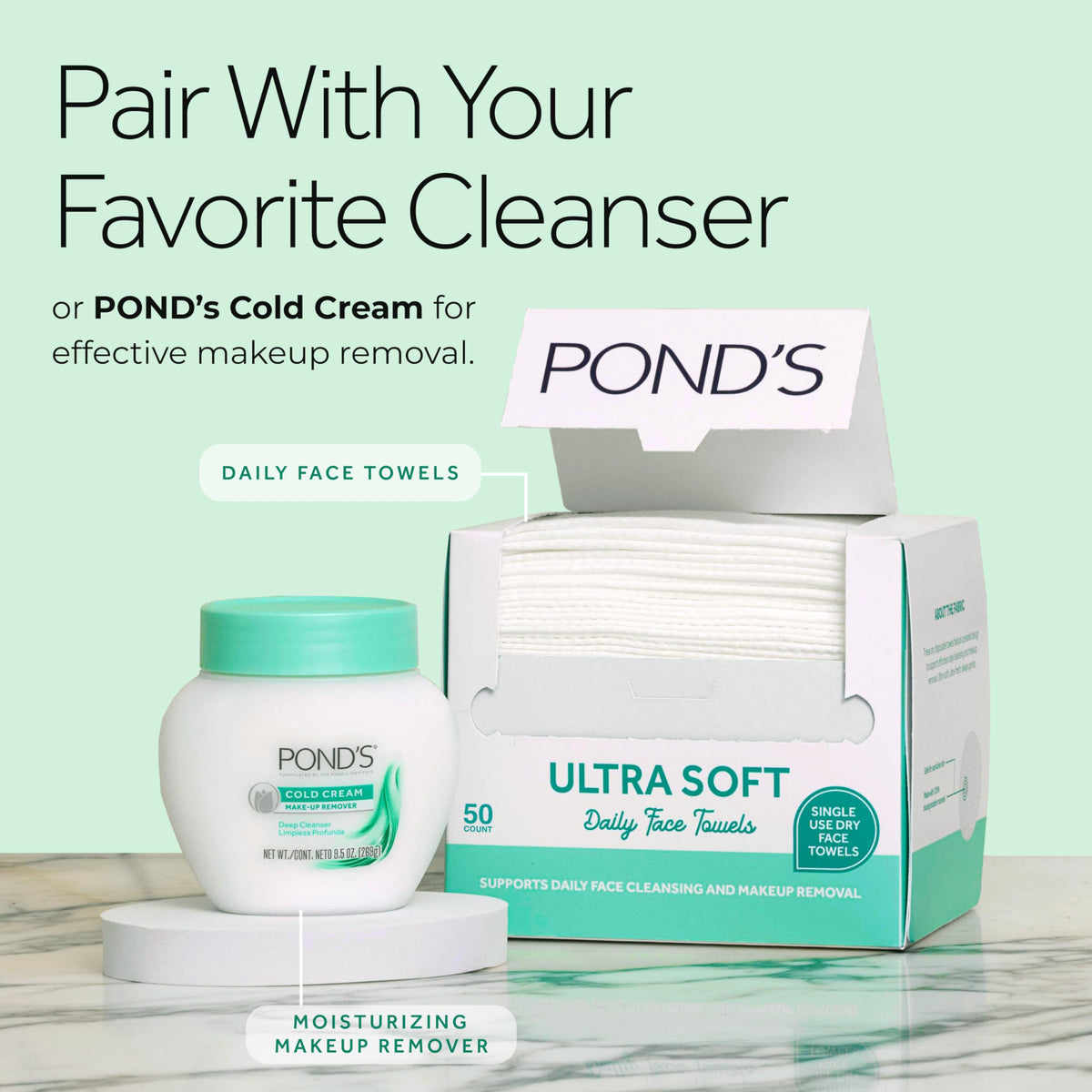 POND’S towel staged in nighttime routine showing compatibility with cold cream