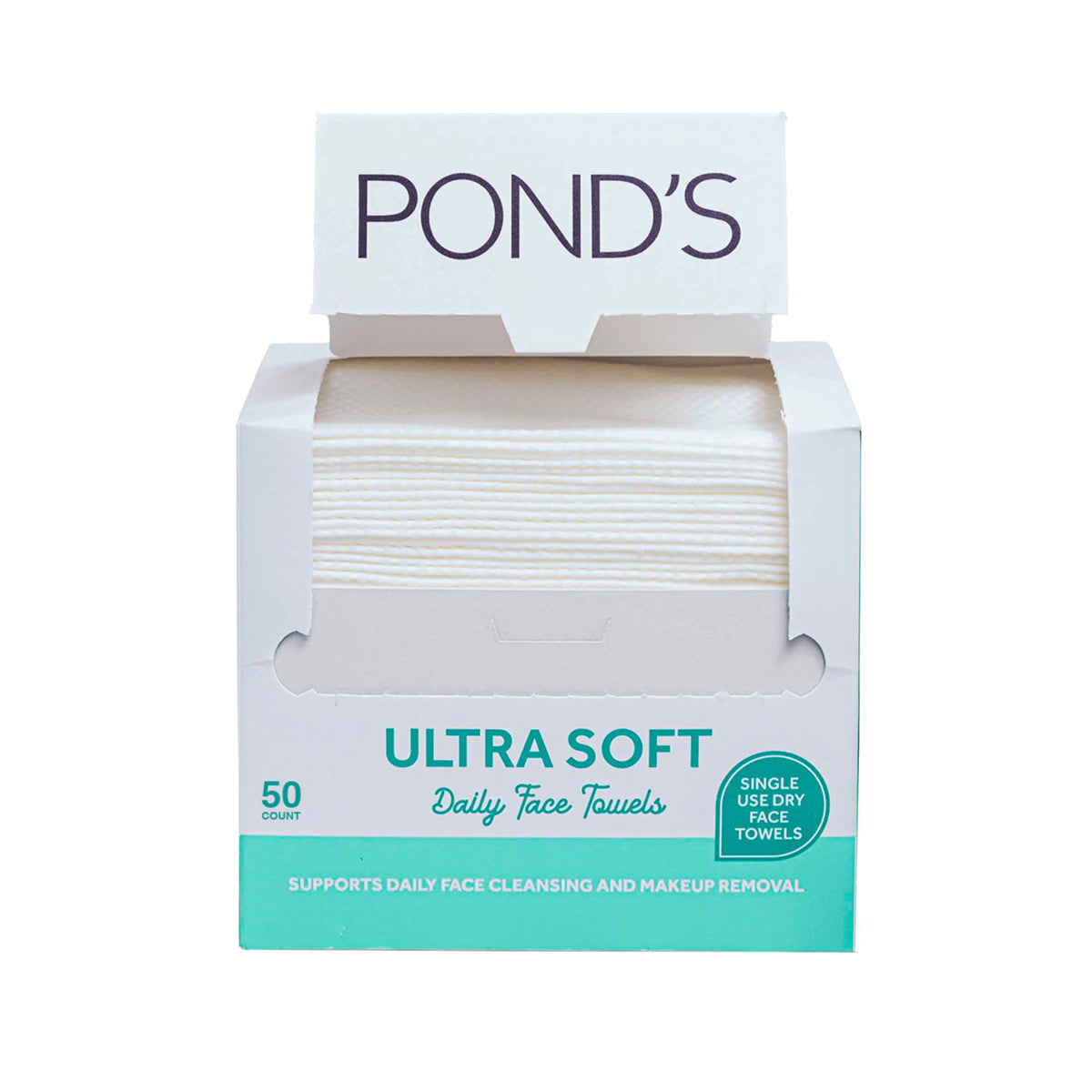 POND’S front packaging showing 50-count biobased dry face towels for convenience