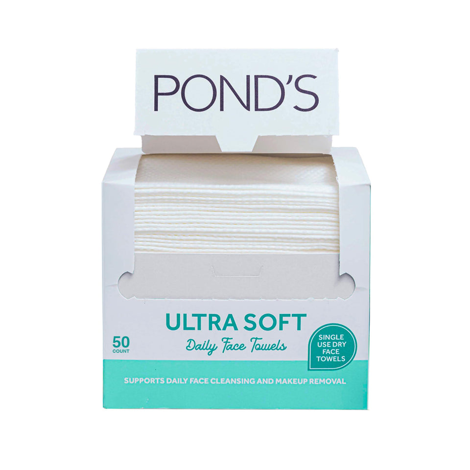 POND’S front packaging showing 50-count biobased dry face towels for convenience