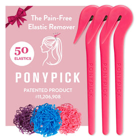 Pony Pick front packaging showing three cutters and 50 colored elastics for safe removal