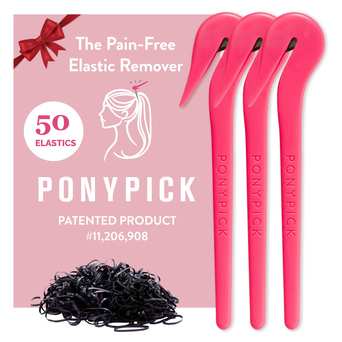 Pony Pick front packaging showing tool and included elastics, Pony Pick gentle removal benefit