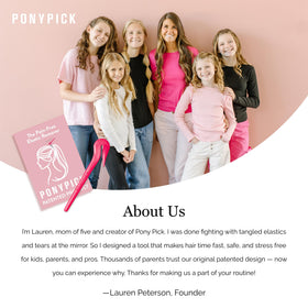 Pony Pick in a styling kit on vanity for fast, pain-free elastic removal