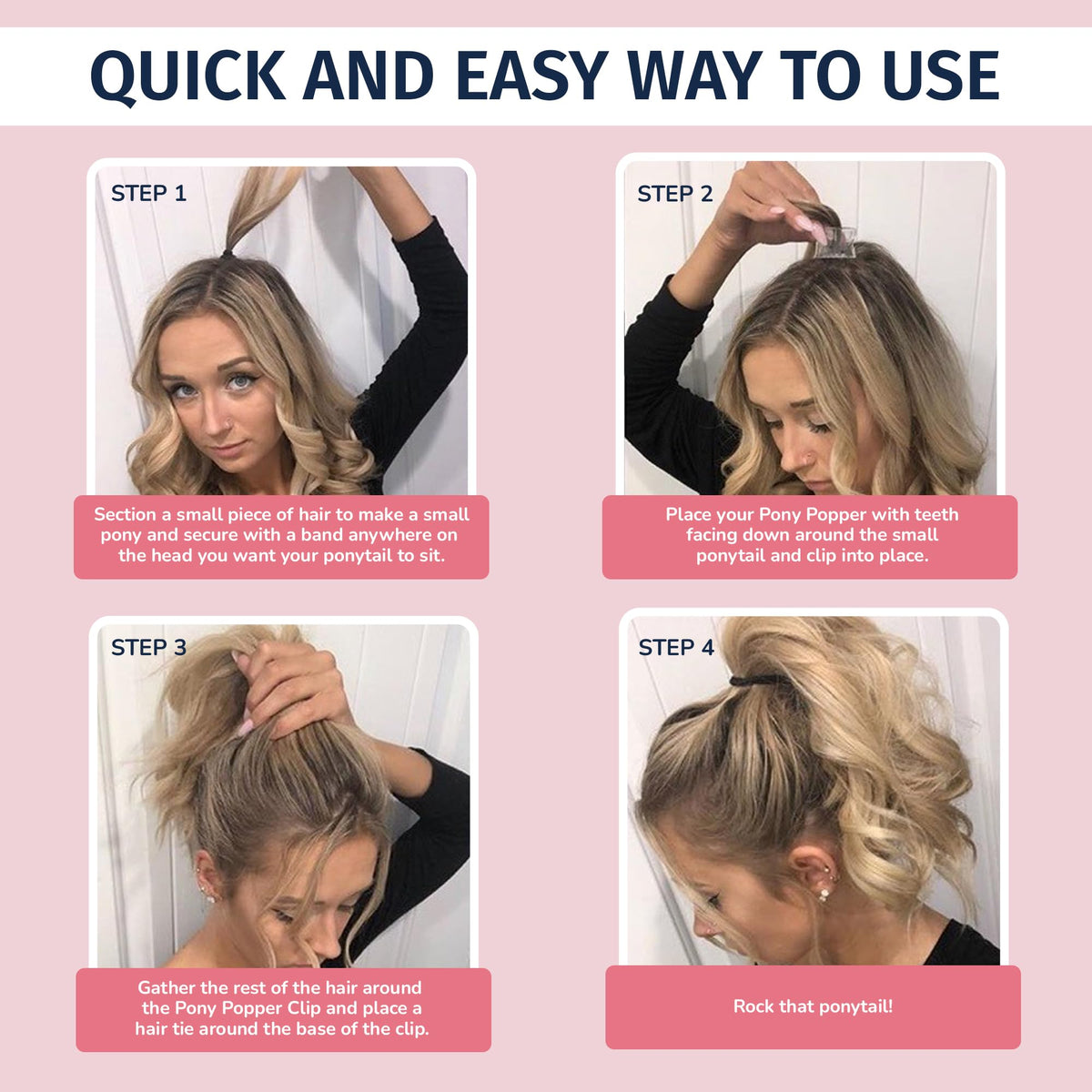 Pony Popper clipped into ponytail base creating visible lift benefit