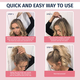 Pony Popper clipped into ponytail base creating visible lift benefit