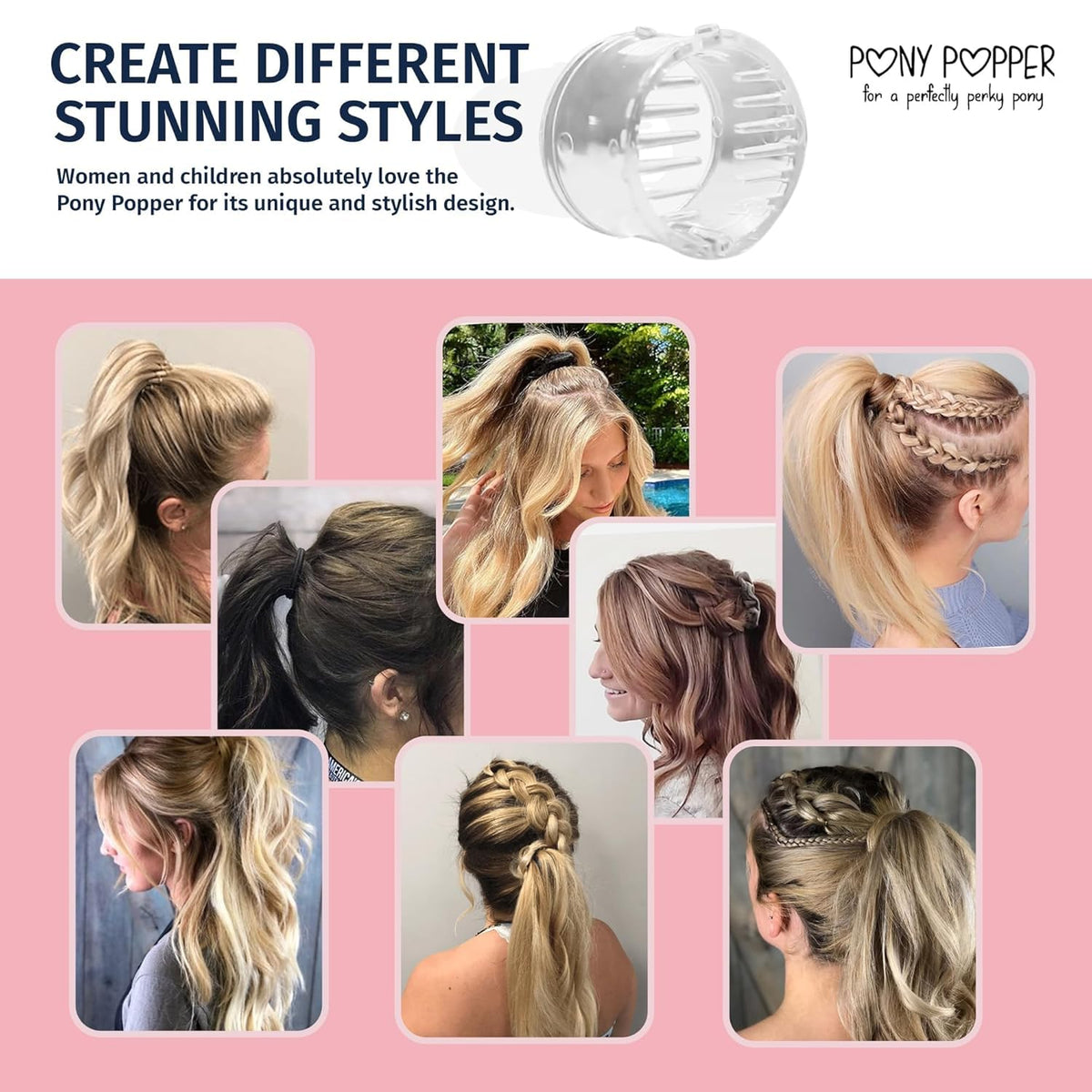 Pony Popper mini clear finish detail blending into hair for invisible support