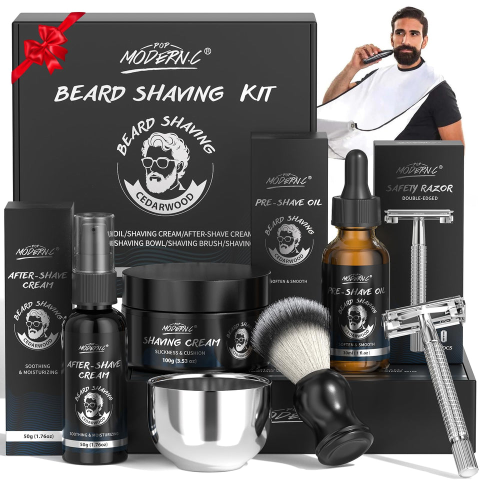 POP MODERN.C front packaging displaying full cedar-scented shaving set benefit gift-ready