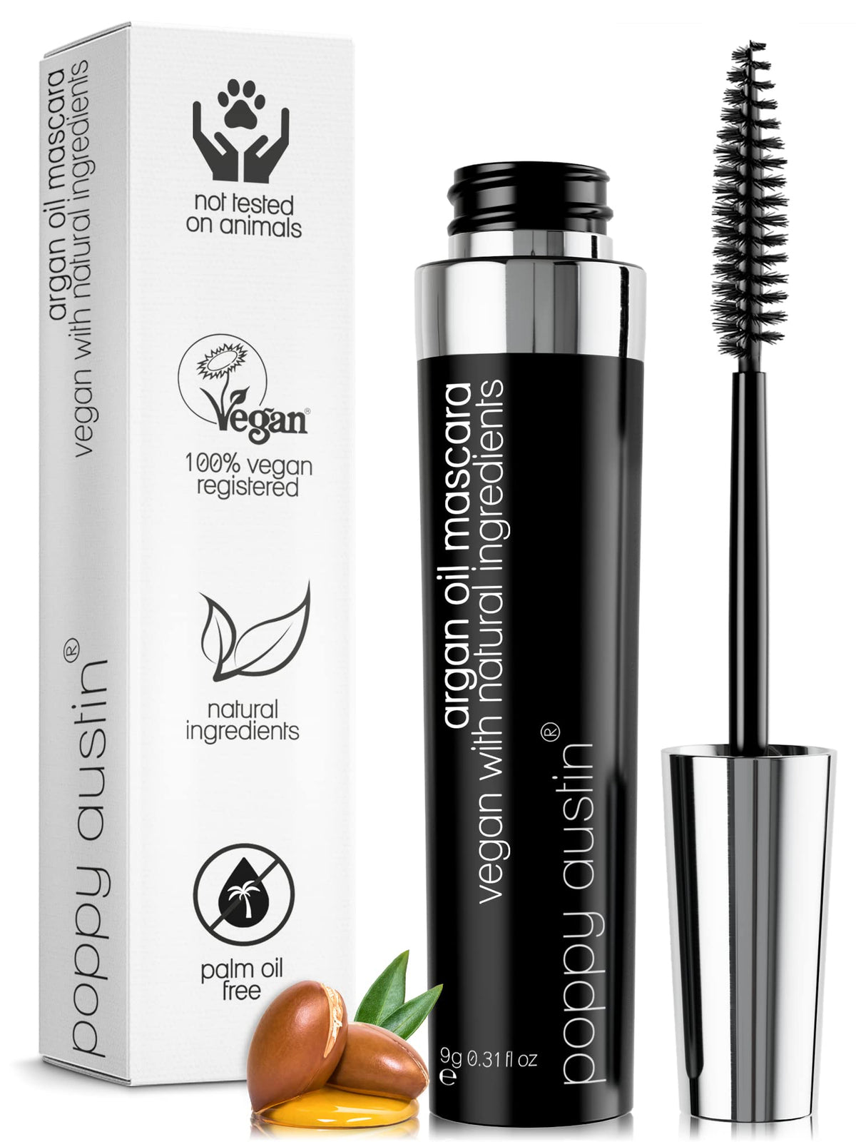 poppy austin front tube showing sleek black mascara packaging and brand