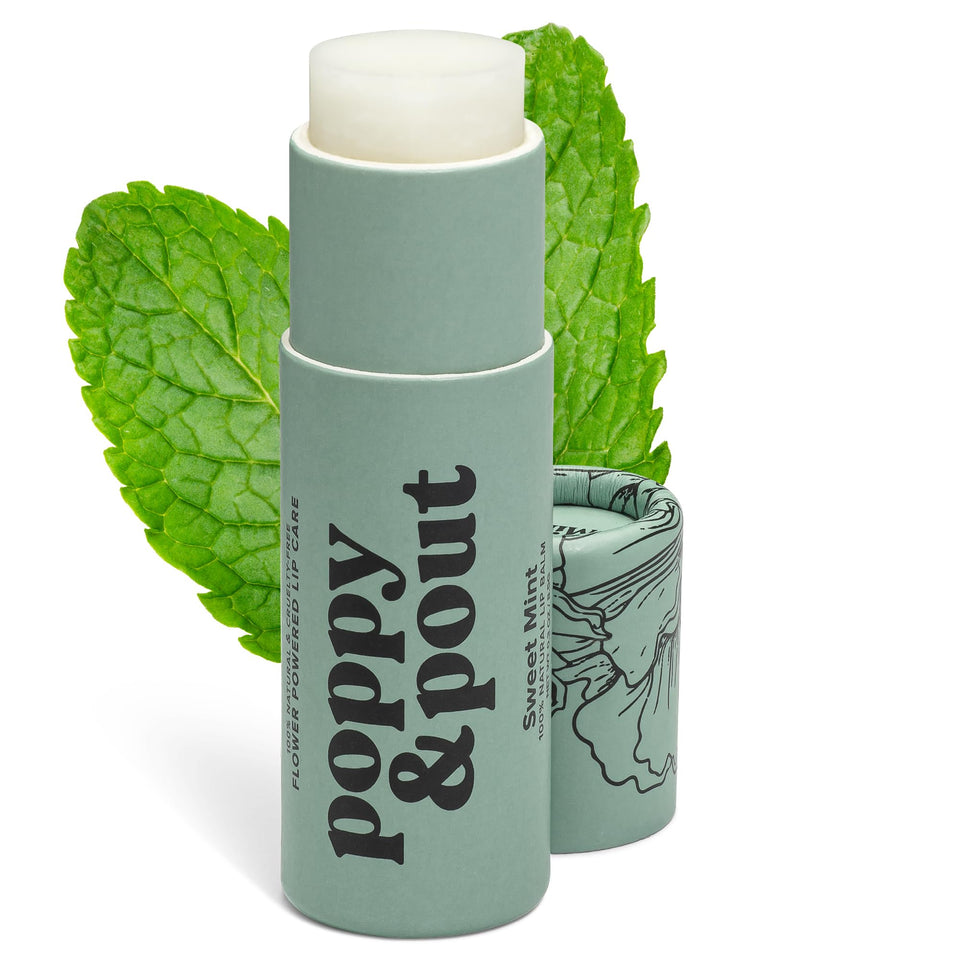 Poppy & Pout front packaging showing jumbo mint lip balm and eco tube benefit