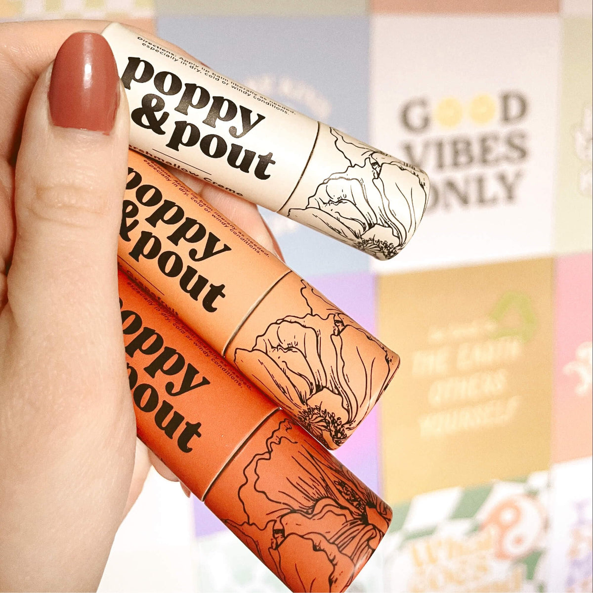 Poppy & Pout product label and ingredient list visible for ingredient transparency benefit