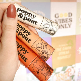 Poppy & Pout product label and ingredient list visible for ingredient transparency benefit
