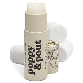 Poppy & Pout front packaging showing jumbo balm and sweet marshmallow scent benefit