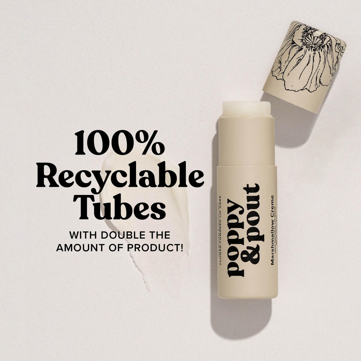 Poppy & Pout recyclable label close-up showing eco-friendly packaging benefit